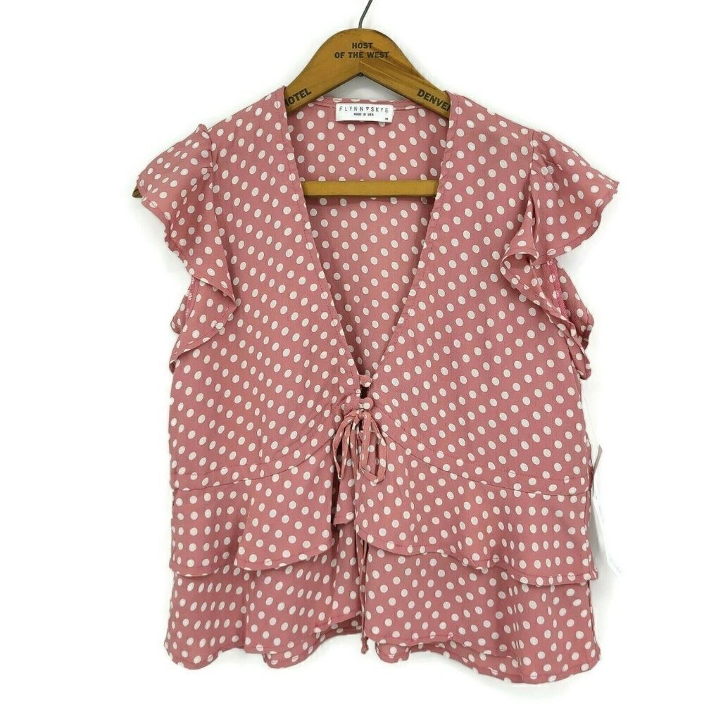 New Flynn Skye Cecilia Blouse Womens XS Rose Pink Polka Dot Short Sleeve Top